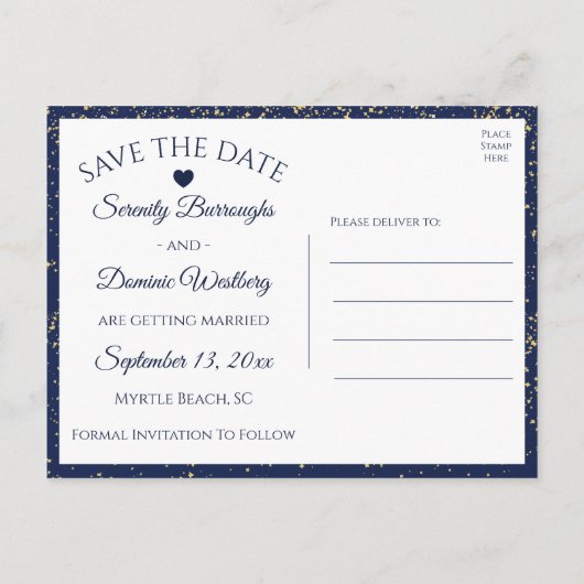 の結婚婚約金ゴールドネイビーブルー日付を保存 ポストカード (裏面)