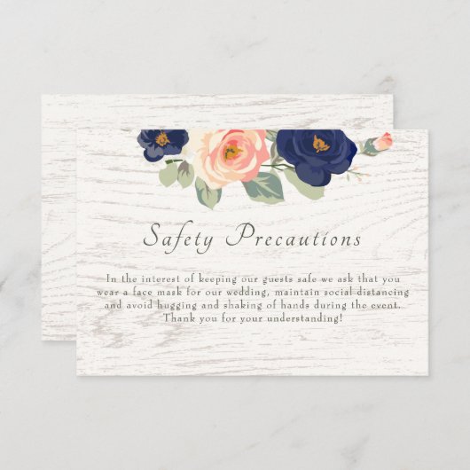 の結婚安全対策ネイビ素朴ーブルーピーチ 出欠カード (正面/裏面)