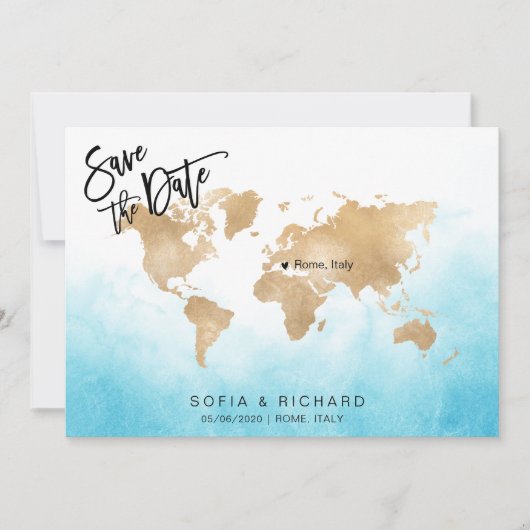 の結婚宛先ワールドマップ金ゴールド可動ハート 招待状 (正面)