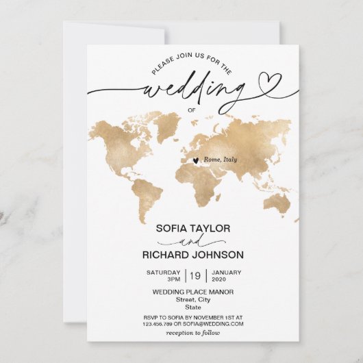 の結婚宛先金ゴールドワールドマップハートの呼び出し 招待状 (正面)