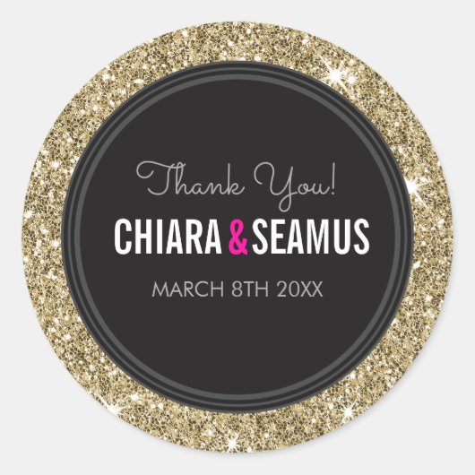 の結婚対シールモダン金ゴールドグリッターブラック ラウンドシール (正面)