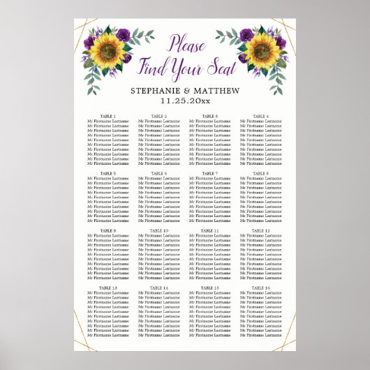 の結婚座席図ひまわり紫色の幾何学的 ポスター (正面)