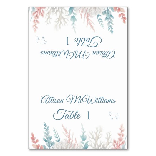 の結婚座席表 – パステルコーラルリーフ – ミート –  テーブルナンバー (正面)