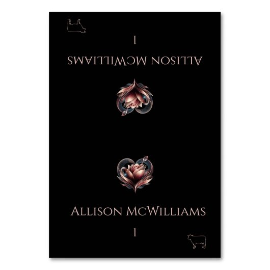 の結婚座席表 – 肉アイコン – ハート付きバラ テーブルナンバー (正面)