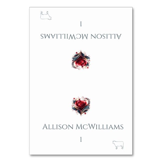 の結婚座席表 – 肉アイコン – ハート型バラ テーブルナンバー (正面)