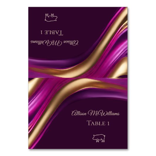 の結婚座席表 – 豚肉のアイコン – 紫の金ゴールド テーブルナンバー (正面)