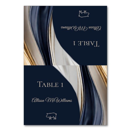 の結婚座席表 – 豚肉のアイコン – 青い白い金ゴールド- テーブルナンバー (正面)