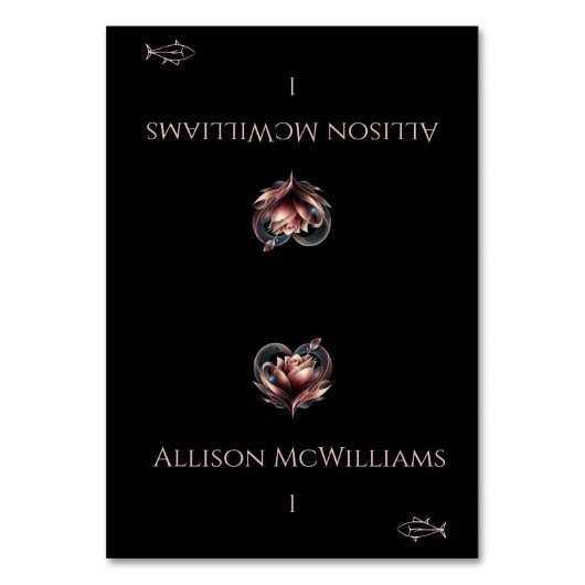 の結婚座席表 – 魚アイコン – ハート付きバラ テーブルナンバー (正面)