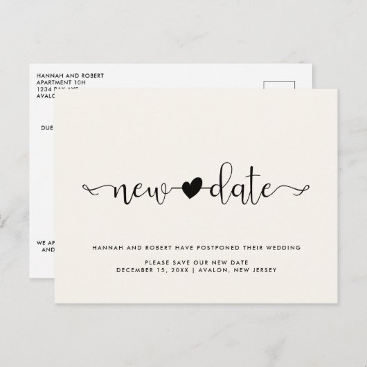 の結婚延期の新しい日付とハートライトクリーム 案内ポストカード (正面/裏面)