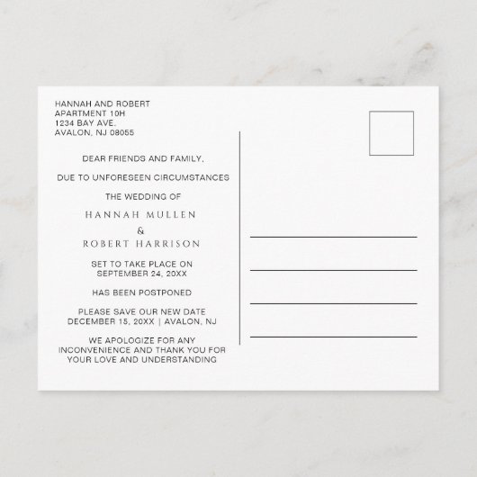 の結婚延期変更バラブラック 案内ポストカード (裏面)