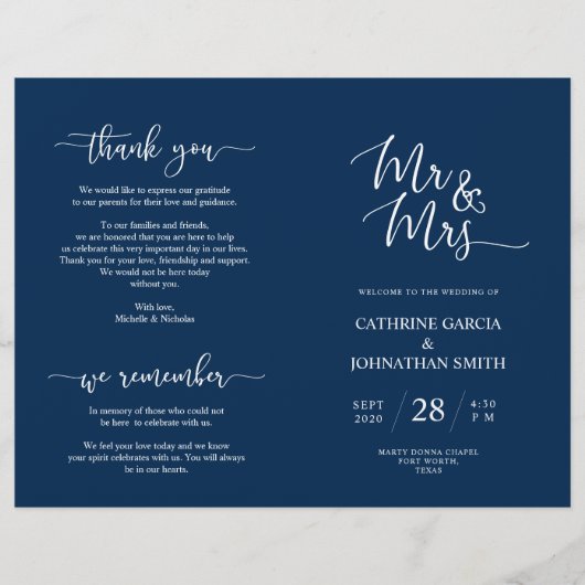 の結婚式典プログラムエレガントScript Navy Blue (正面)