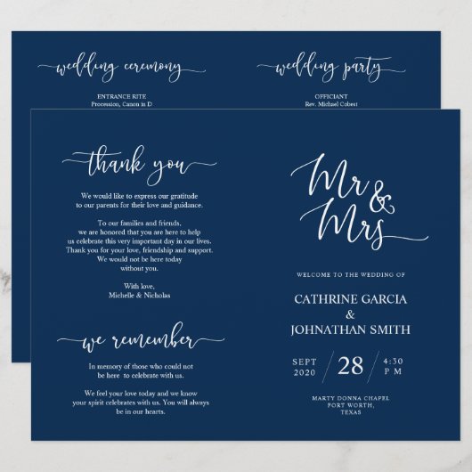 の結婚式典プログラムエレガントScript Navy Blue (正面/裏面)