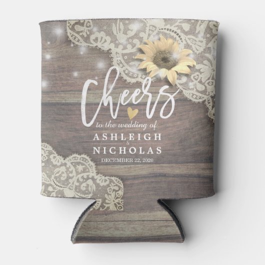 の結婚応援ウッドレースひまわりライトを愛する 缶クーラー (正面)