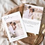 の結婚感謝の写真ミニマルなロマンチック サンキューカード<br><div class="desc">の結婚サンキューカードの前後に写真が残っている。サンキューカードにはモダン、ミニマルなモダン結婚式日のお祝いの後に使用するエレガント、シンプルと使用する手で文字のキュラシンプルシックスクリプトのタイポグラフィが含まれている。</div>