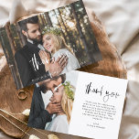 の結婚感謝手書き写エレガント真 サンキューカード<br><div class="desc">前面結婚と背面に写真がある手書きのサンキューカード。サンキューカードにはモダン、ミニマルなモダン結婚式日のお祝いの後に使用するエレガント、シンプルと使用する手で文字のキュラシンプルシックスクリプトのタイポグラフィが含まれている。</div>