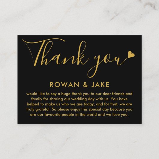 の結婚感謝金ゴールドと黒ハートスクリプト プレイスカード (正面)