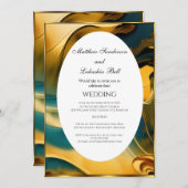 の結婚抽象芸術ティール（緑がかった色）金ゴールドエレガント モダン 招待状 (正面/裏面)