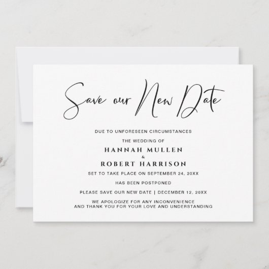 の結婚新救期の延期ミニマル 案内状 (正面)