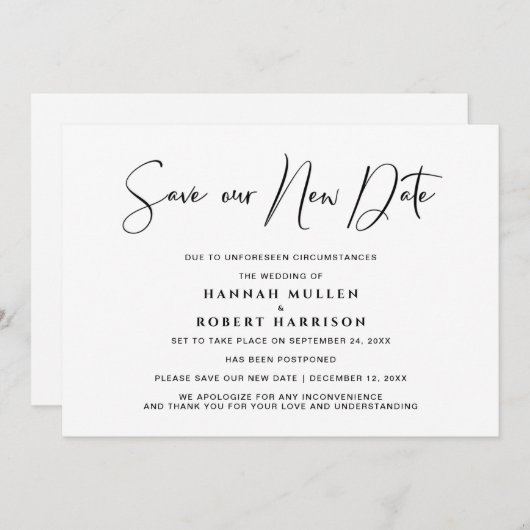 の結婚新救期の延期ミニマル 案内状 (正面/裏面)