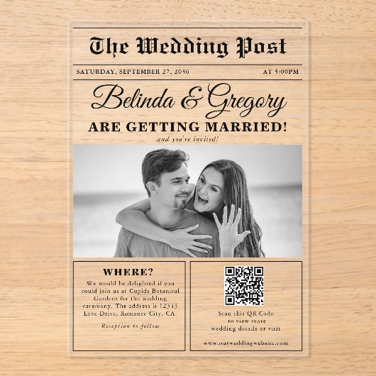 の結婚新聞おもしろい白黒フォトズ結婚 アクリル招待状 (正面)