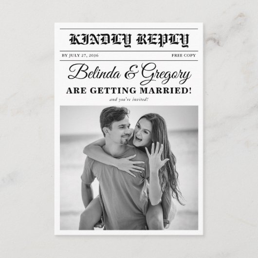 の結婚新聞おもしろい白黒フォトズ結婚 エンクロージャーカード (正面)