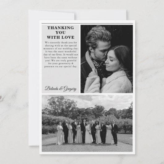 の結婚新聞おもしろい白黒フォトズ結婚 サンキューカード (裏面)