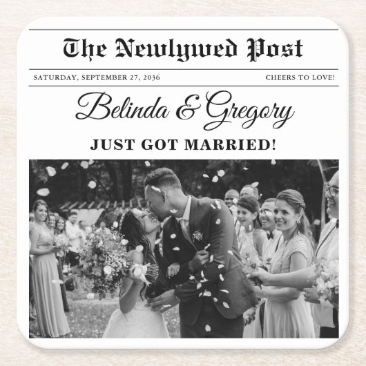 の結婚新聞おもしろい白黒フォトズ結婚 スクエアペーパーコースター (正面)