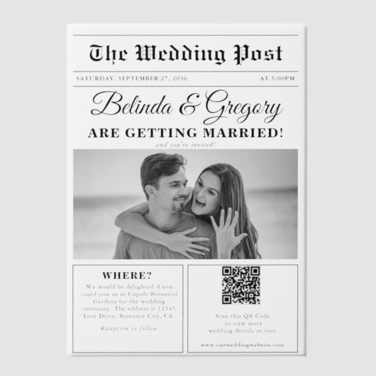 の結婚新聞おもしろい白黒フォトズ結婚 ベラム紙招待状 (正面)