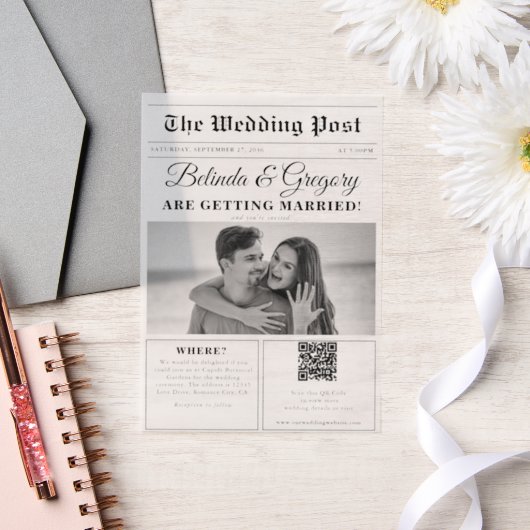 の結婚新聞おもしろい白黒フォトズ結婚 ベラム紙招待状 (ウェディング)