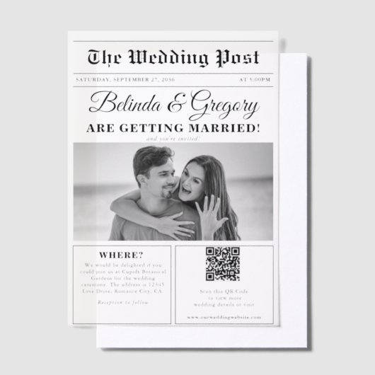 の結婚新聞おもしろい白黒フォトズ結婚 ベラム紙招待状 (オフセット)