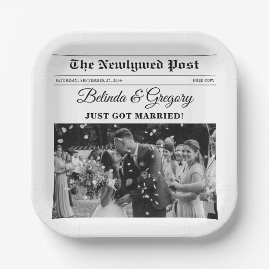 の結婚新聞おもしろい白黒フォトズ結婚 ペーパープレート (正面)