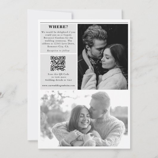 の結婚新聞おもしろい白黒フォトズ結婚 招待状 (裏面)