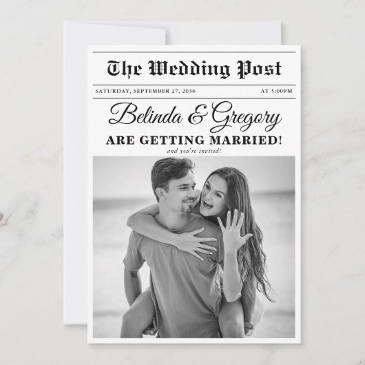 の結婚新聞おもしろい白黒フォトズ結婚 招待状 (正面)