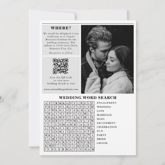 の結婚新聞おもしろい白黒フォトズ結婚 招待状 (裏面)