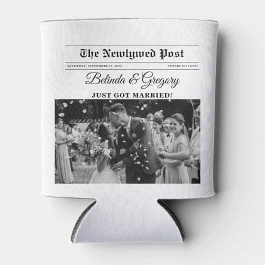 の結婚新聞おもしろい白黒フォトズ結婚 缶クーラー (正面)