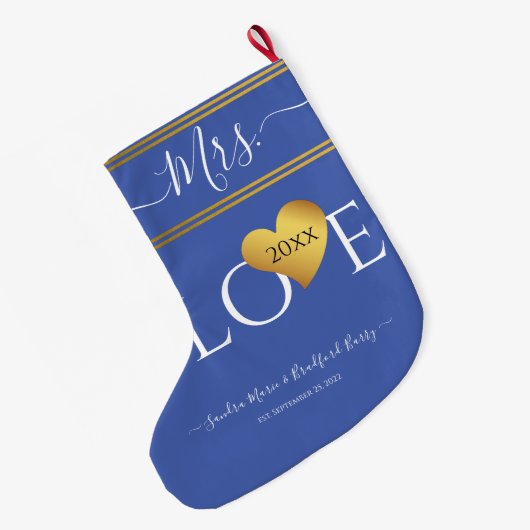 の結婚新郎のクリスマスの名前ミセス・ブルー ラージクリスマスストッキング (裏面 (吊り時))