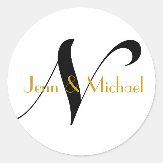 の結婚新郎新婦の名前モノグラムNステッカー金ゴールド ラウンドシール (正面)