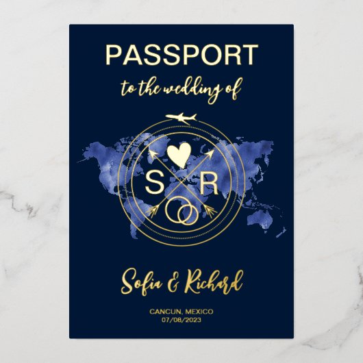 の結婚旅行先パスポートワールドマップ金ゴールド 箔招待状 (正面)