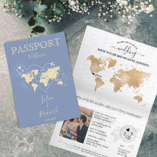の結婚旅行先パスポート世界地図ベビーブルー 招待状