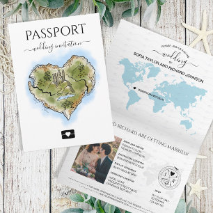 の結婚旅行先パスポー図解入りの、写真付きのトハートマップ 招待状