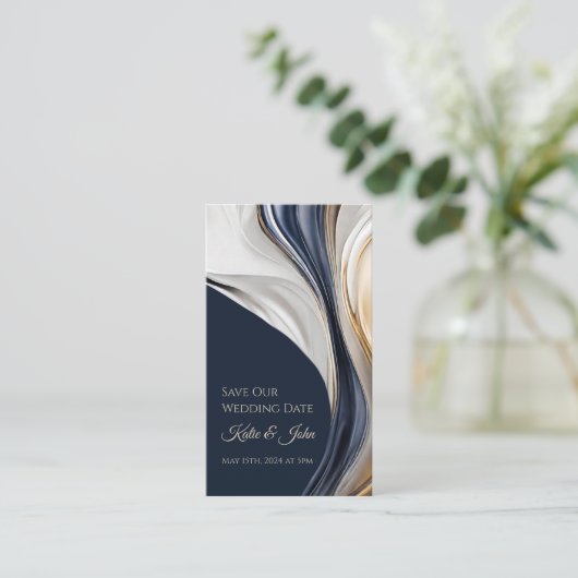 の結婚日モダン付救日 – 青白と金ゴールド- 名刺 (スタンド正面)