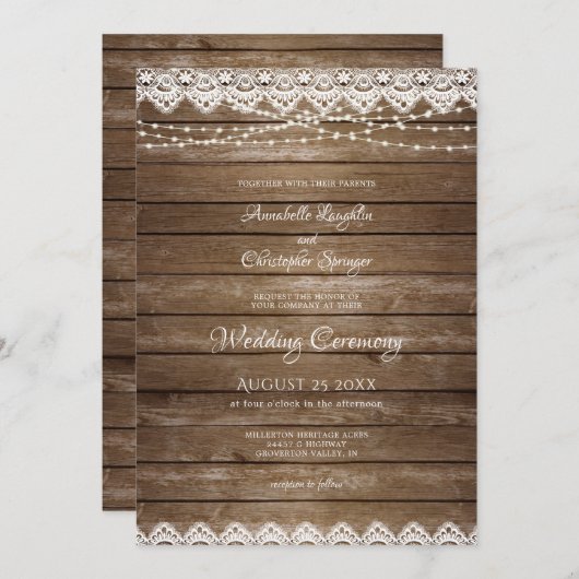 の結婚木素朴白レースのストリングライト 招待状 (正面/裏面)