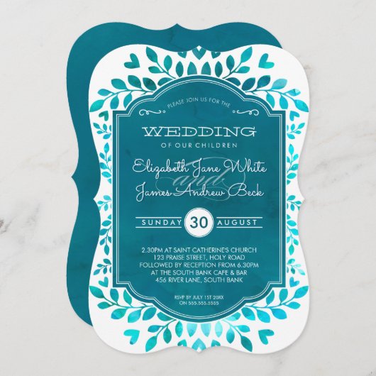 の結婚植物性アクアティール（緑がかった色）ブルーウォーター色 招待状 (正面/裏面)