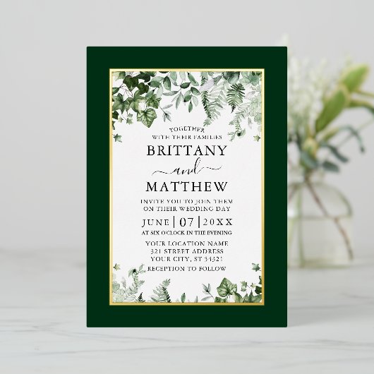 の結婚植物性ツタのセージのシダ写真金ゴールド 箔招待状 (立ち正面)