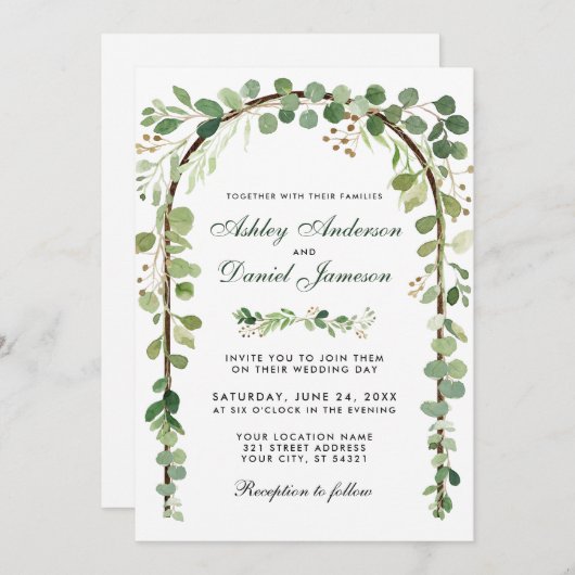 の結婚植物性ユーカリプトゥスグリーンウッドアーチW 招待状 (正面/裏面)