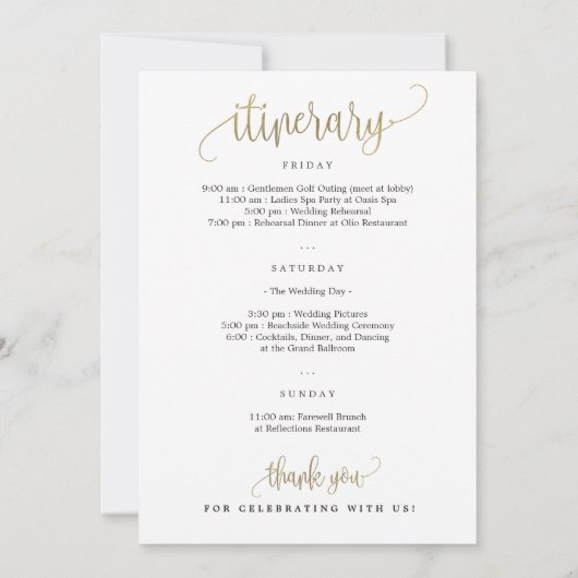 の結婚歓迎と旅程カードのフェイク金ゴールド サンキューカード (裏面)