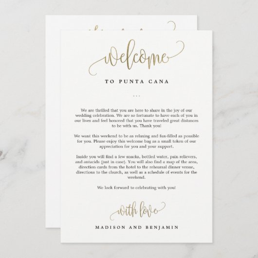 の結婚歓迎と旅程カードのフェイク金ゴールド 招待状 (正面/裏面)