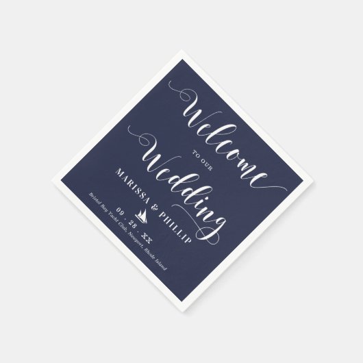 の結婚歓迎の手書きネイビ航海のーブルー スタンダードカクテルナプキン (角)