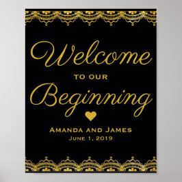の結婚歓迎サイン |黒の金ゴールドレース ポスター