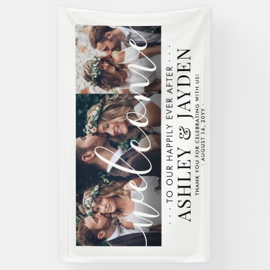 の結婚歓迎シンプルChic Script 3 Photo Collage 横断幕 (縦)